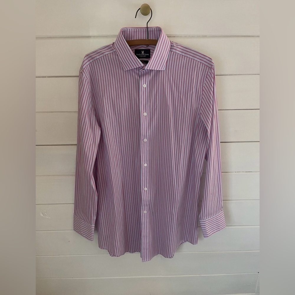 Psycho Bunny L/S Dress Shirt Pink Stripe Slim Fit Stretch Non Iron Mens 16 32/33